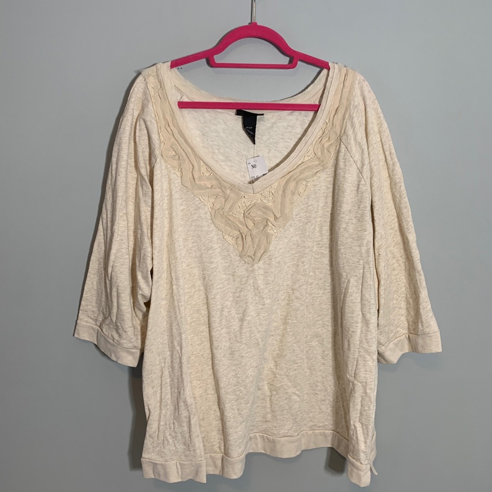 NEW Lane Bryant Womens Plus Size 26/28 Cream Lace Trim V Neck 3/4 Sleeve‎ Top